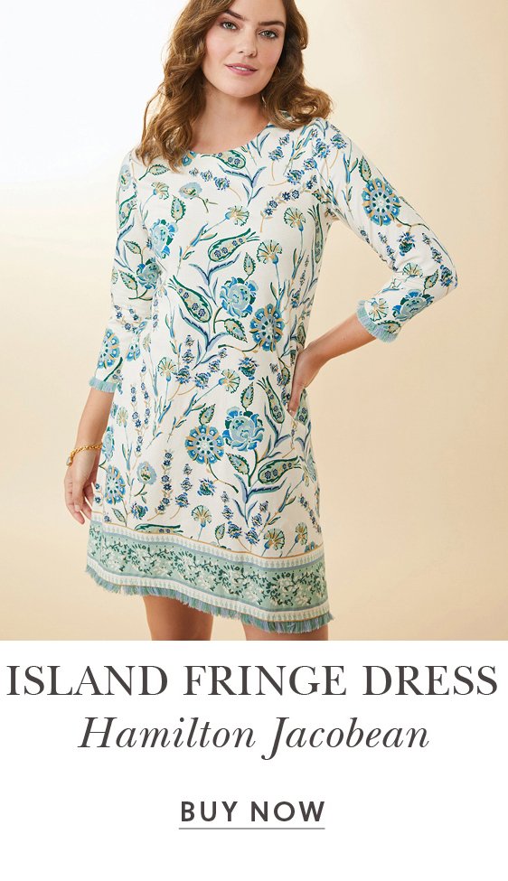 Island Fringe 3/4 Sleeve Dress Hamilton Jacobean Cream