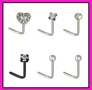 Multi-Pack CZ Heart L-Bend Nose Rings 6 Pack - 20 Gauge