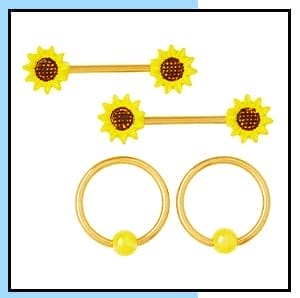 Multi-Pack Sunflower Nipple Barbells and Nipple Rings 2 Pair - 14 Gauge