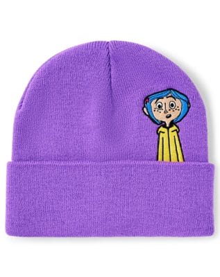 Purple Coraline and Cat Cuff Beanie Hat