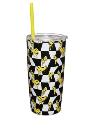 Checkered Drippy Smiley Face Cup with Straw - 20 oz.