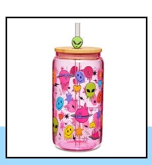 Pink Alien Glass Cup with Straw - 16 oz.