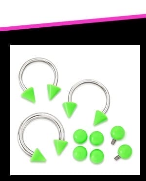 Kayla Malecc Multi-Pack Titanium Horseshoe Rings with Neon Green Ends and Extra Balls 3 Pack - 20-16 Gauge