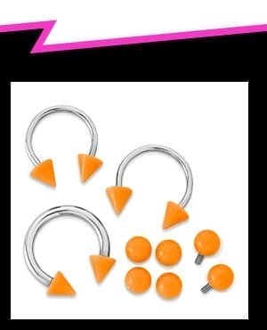 Kayla Malecc Multi-Pack Titanium Horseshoe Rings with Neon Orange Ends and Extra Balls 3 Pack - 20-16 Gauge