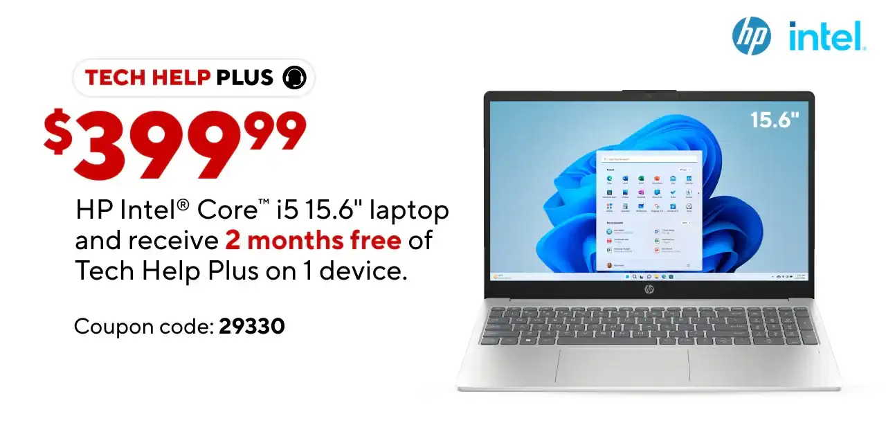 As Low as \\$299.99 on select HP laptops & desktops (Add Intel logo and HP logo) and Free 2 months of Tech Help Plus on 1 device. \\$20 value for FREE. Coupon Code: 29330