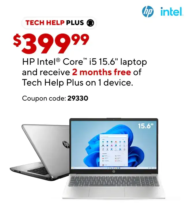 As Low as \\$299.99 on select HP laptops & desktops (Add Intel logo and HP logo) and Free 2 months of Tech Help Plus on 1 device. \\$20 value for FREE. Coupon Code: 29330