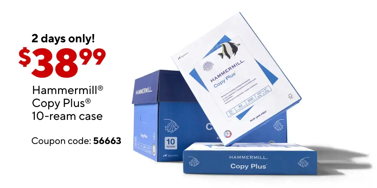 Only \\$38.99 for Hammermill Copy Plus paper, 10-ream case after coupon.