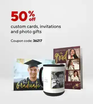 50% off custom cards, invitations and photo gifts.