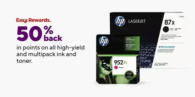 50% back in points on all High Yield, Multipacks and STAPLES BRAND Reman Ink & Toner. That's 100x points