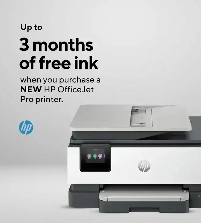 Shop the new HP Officejet Pro printers with up to 6 months of FREE ink included (add hp logo)