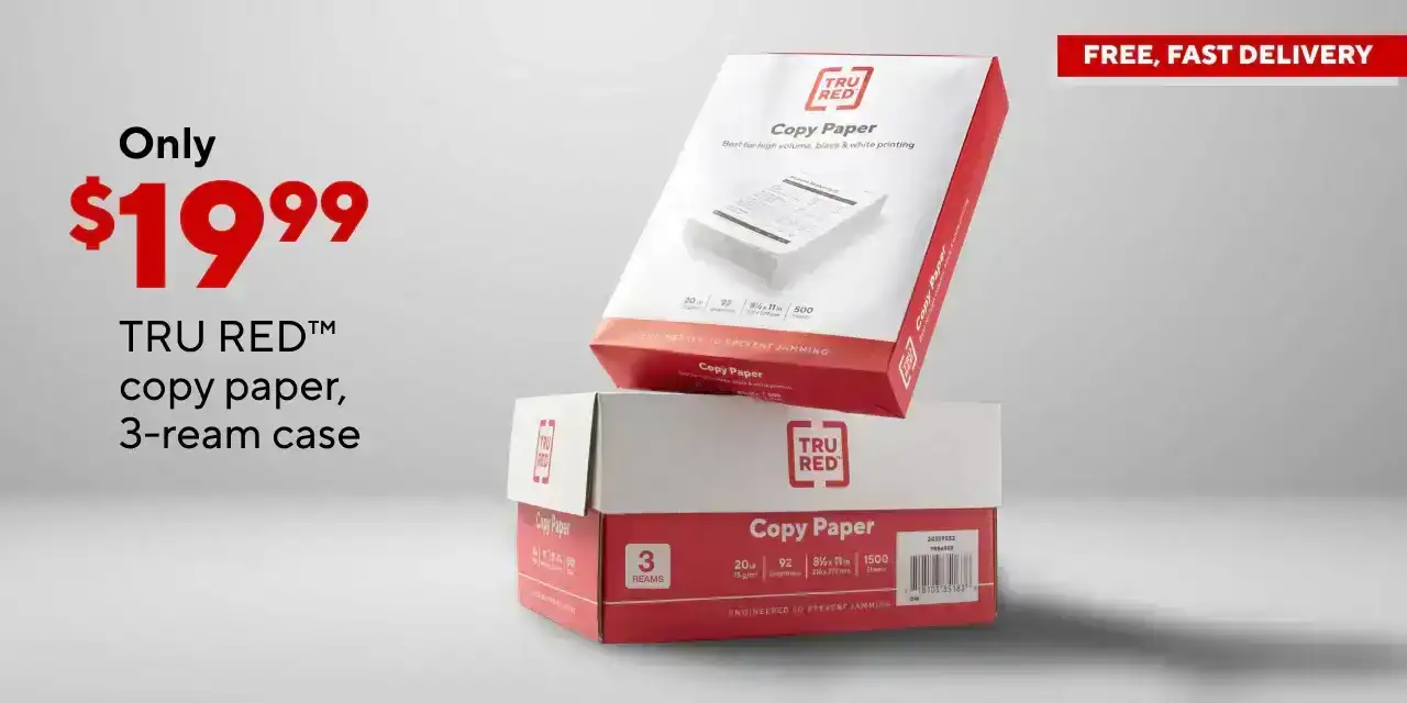 Only \\$19.99 for TRU RED copy paper, 3-ream case