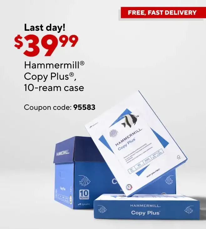 Only \\$39.99 for Hammermill Copy Plus paper, 10-ream case after coupon.