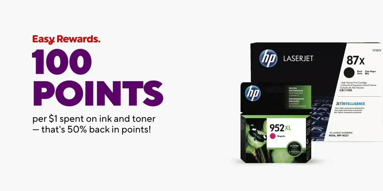 Earn 100 Points per \\$1 spent on Ink and/or Toner. That's 50% back in points.
