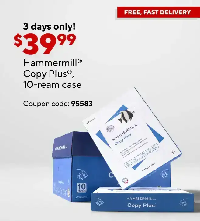 Only \\$39.99 for Hammermill Copy Plus paper, 10-ream case after coupon.