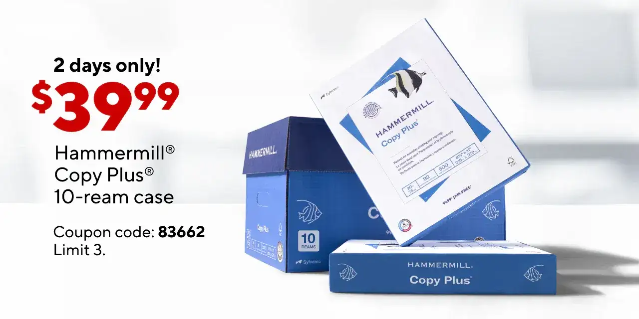 Only \\$39.99 for Hammermill Copy Plus paper, 10-ream case after coupon.