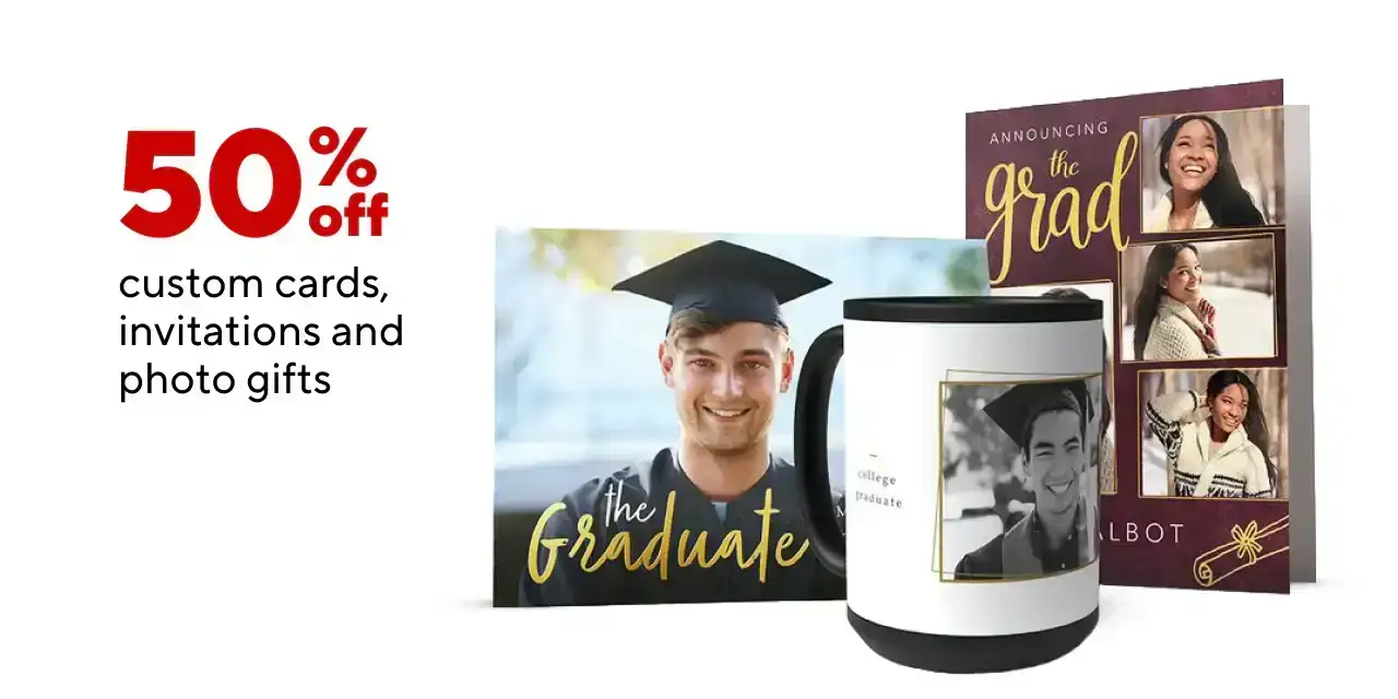 50% off custom cards, invitations and photo gifts