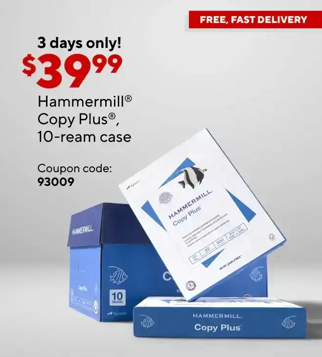 Only \\$39.99 for Hammermill Copy Plus paper, 10-ream case after coupon.