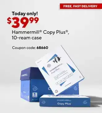 Only \\$39.99 for Hammermill Copy Plus paper, 10-ream case after coupon.