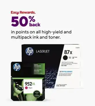 50% back in points on all High Yield, Multipacks and STAPLES BRAND Reman Ink & Toner. That's 100x points