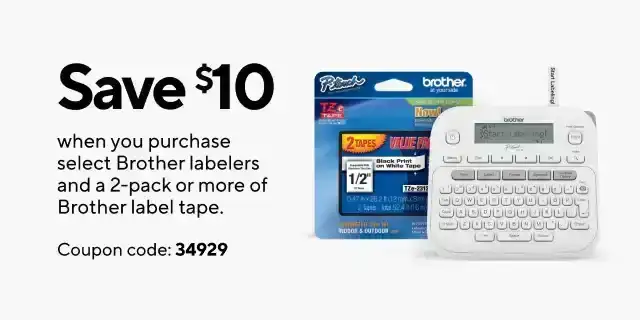 Save \\$10 when you purchase Brother labelers with 2/pk of Brother labels