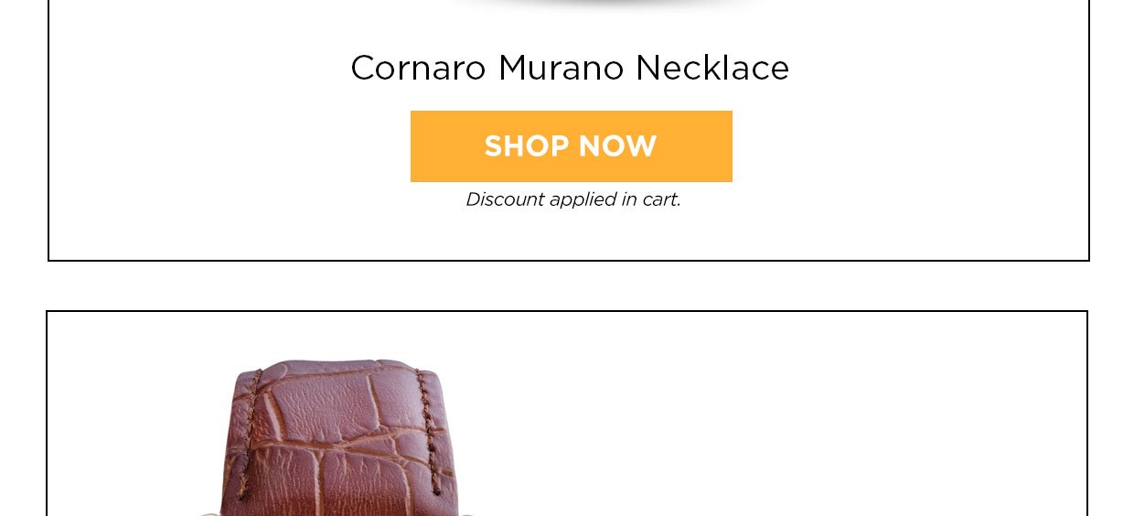 Cornaro Murano Necklace. Shop Now button. Discount applied in cart.