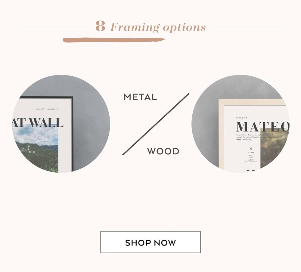 8 metal & wood frame options