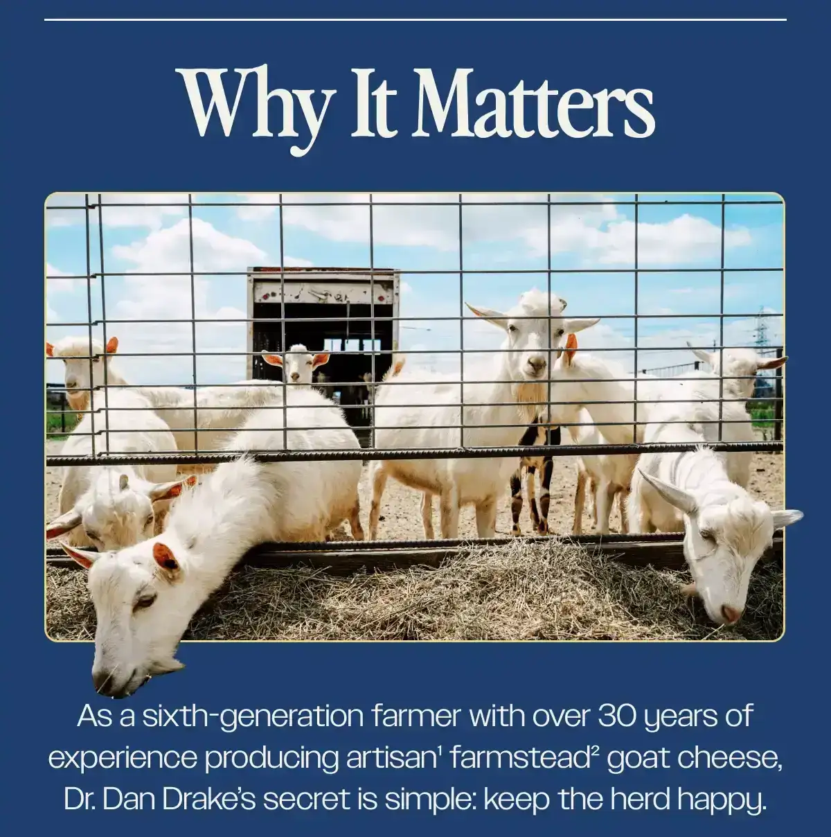 As a sixth-generation farmer with over 30 years of experience producing artisan1 farmstead2 goat cheese, Dr. Dan Drake’s secret is simple: keep the herd happy. 