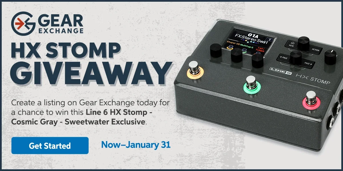 Gear Exchange HX Stomp giveaway. Create a listing on Gear Exchange today for a chance to win this Line 6 HX Stomp – Cosmic Gray – Sweetwater exclusive. Now through January 31. Get started.