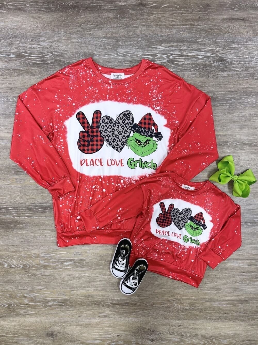 Mommy & Me - Peace Love Grinch Red Acid Wash Top