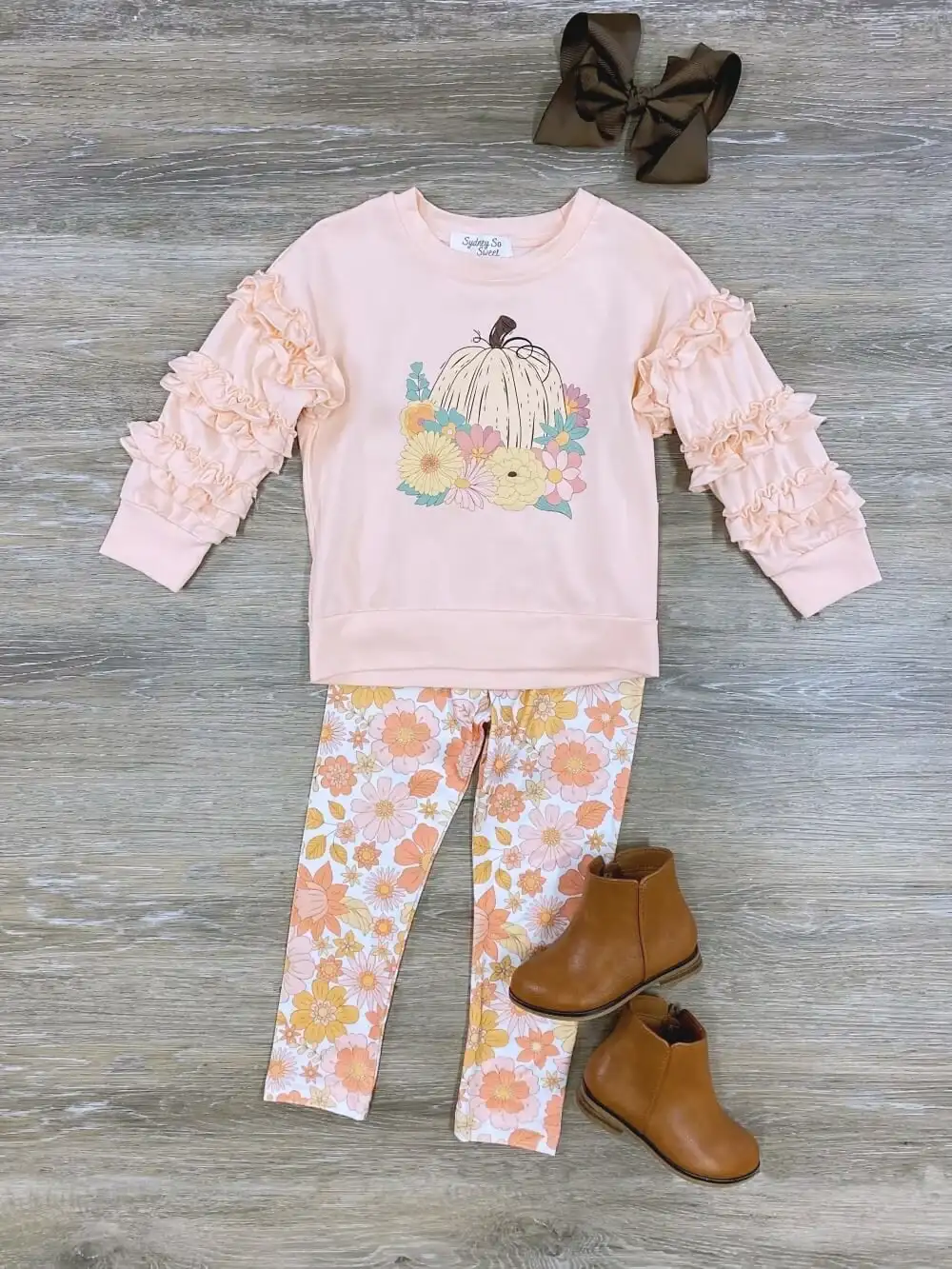 Pumpkin Floral Ruffle Sleeve Girls Outfit