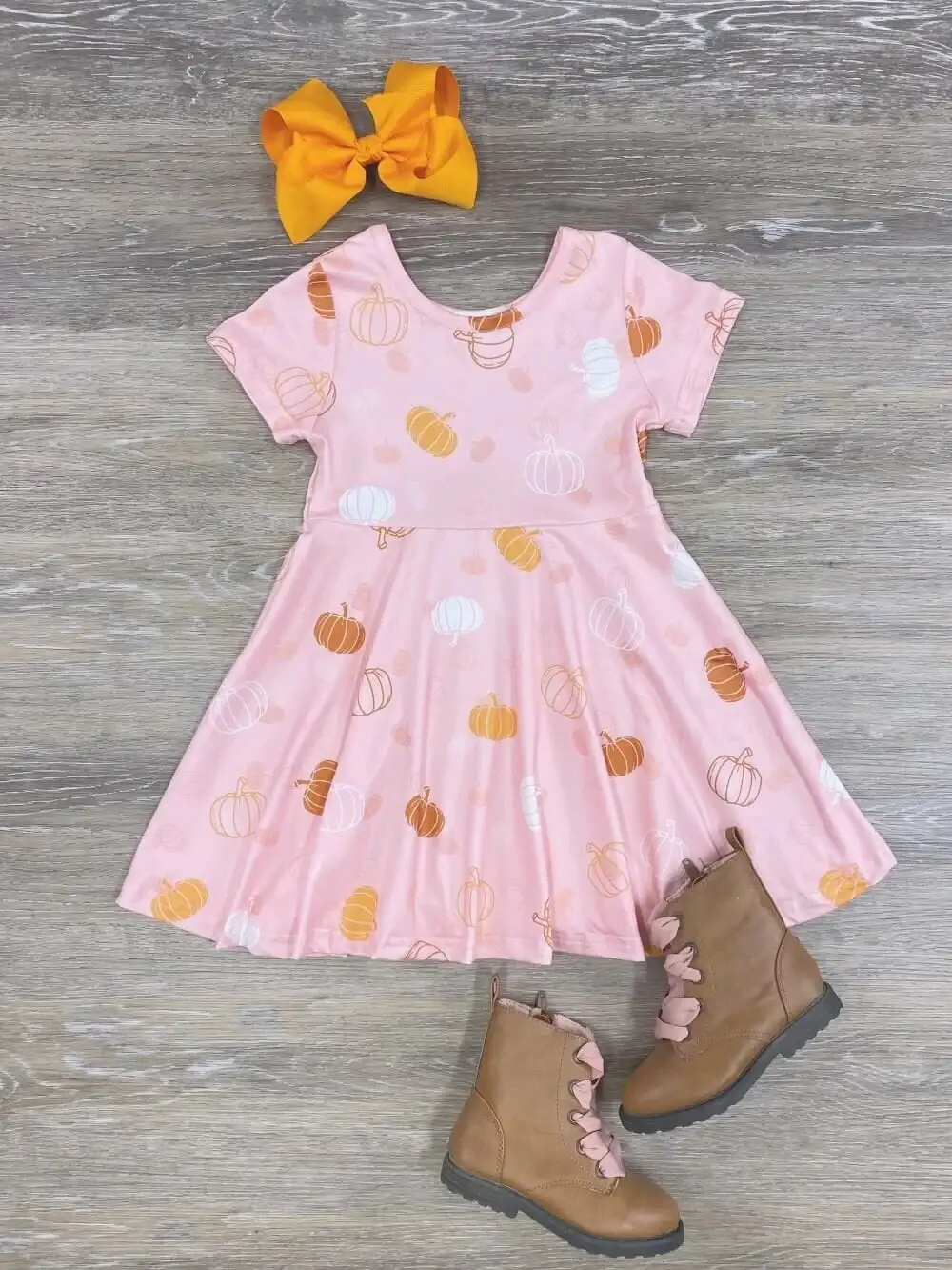 Pumpkin Pink Girls Short Sleeve Fall Skater Dress