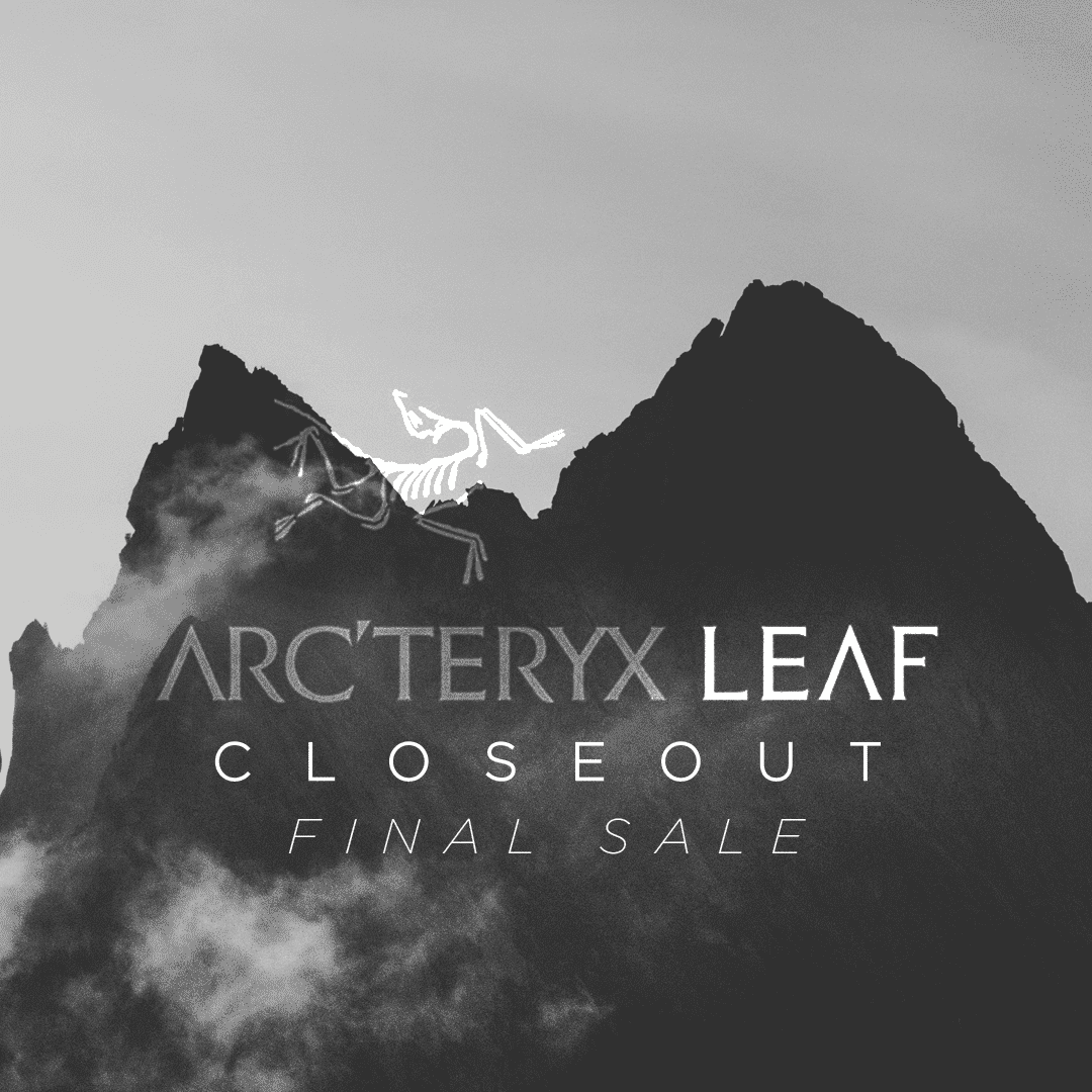 Black & White mountain range with Arc'teryx LEAF logo. CLOSEOUT FINAL SALE
