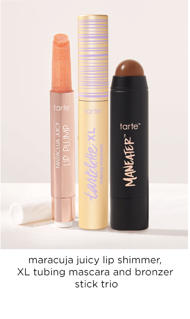 maracuja juicy lip shimmer, XL tubing mascara and bronzer stick trio