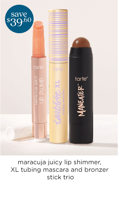 maracuja juicy lip shimmer, xl tubbing mascara and bronzer stick trio