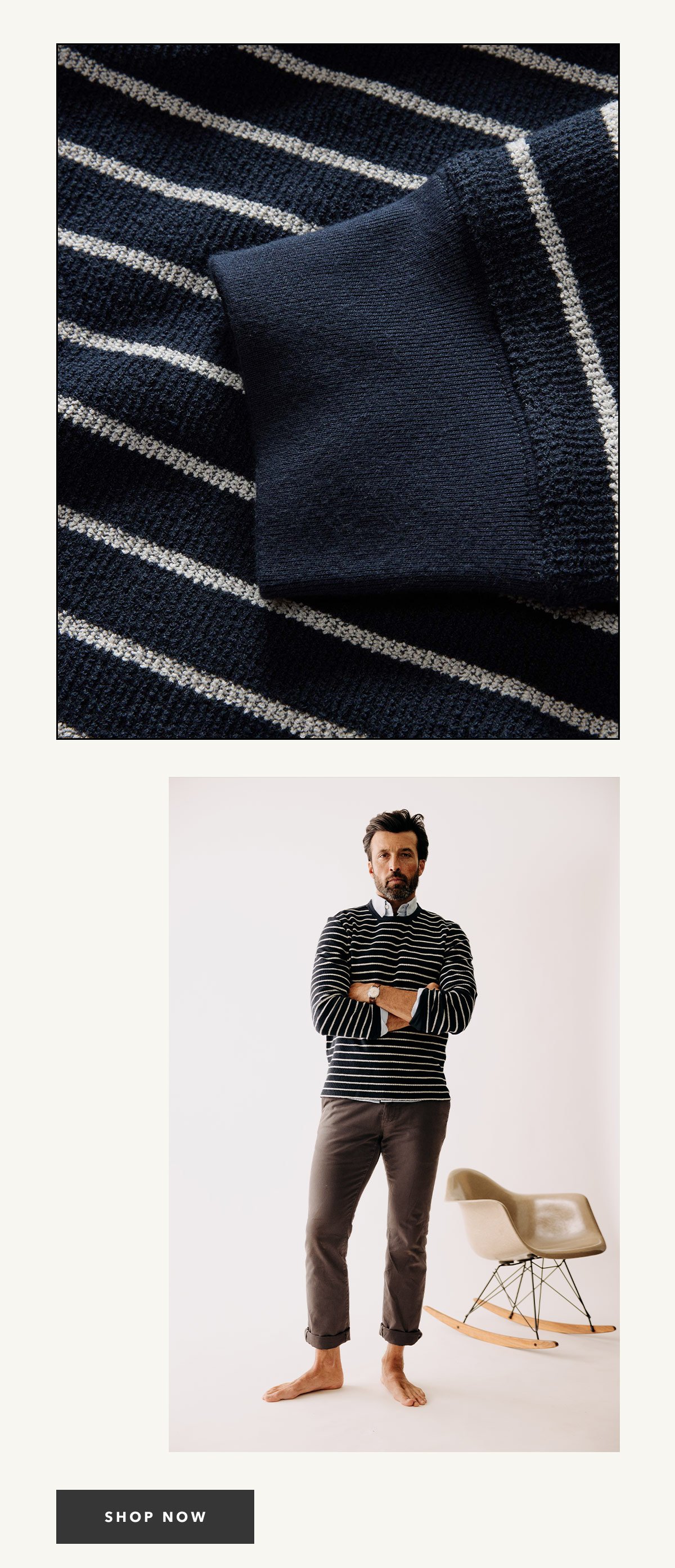 fit model showing off The Adams Crew in Dark Navy Stripe Reverse Terry