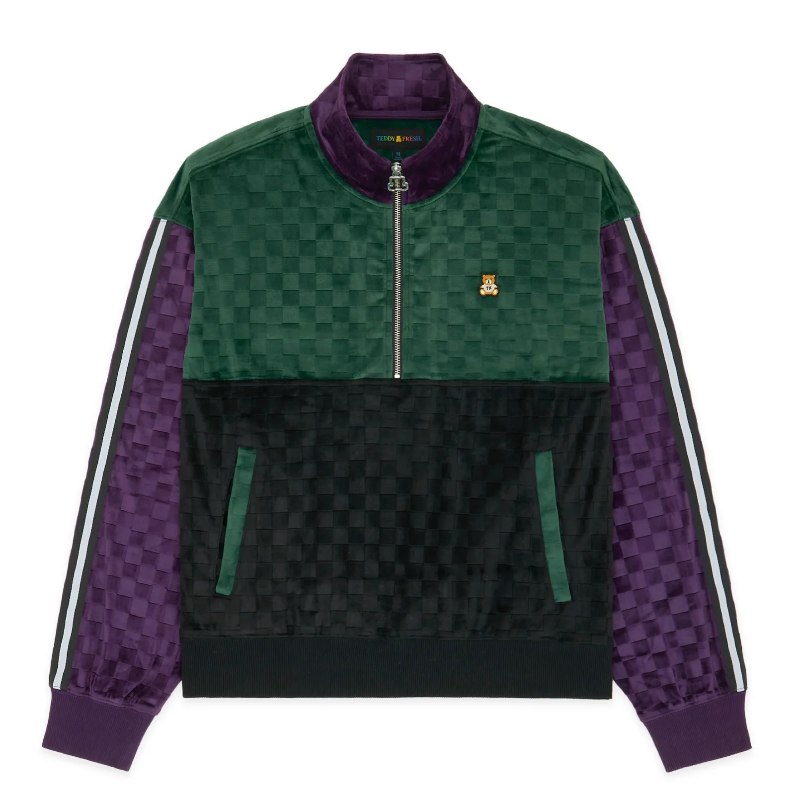 Image of Embossed Checker Velour Zip Funnel Neck