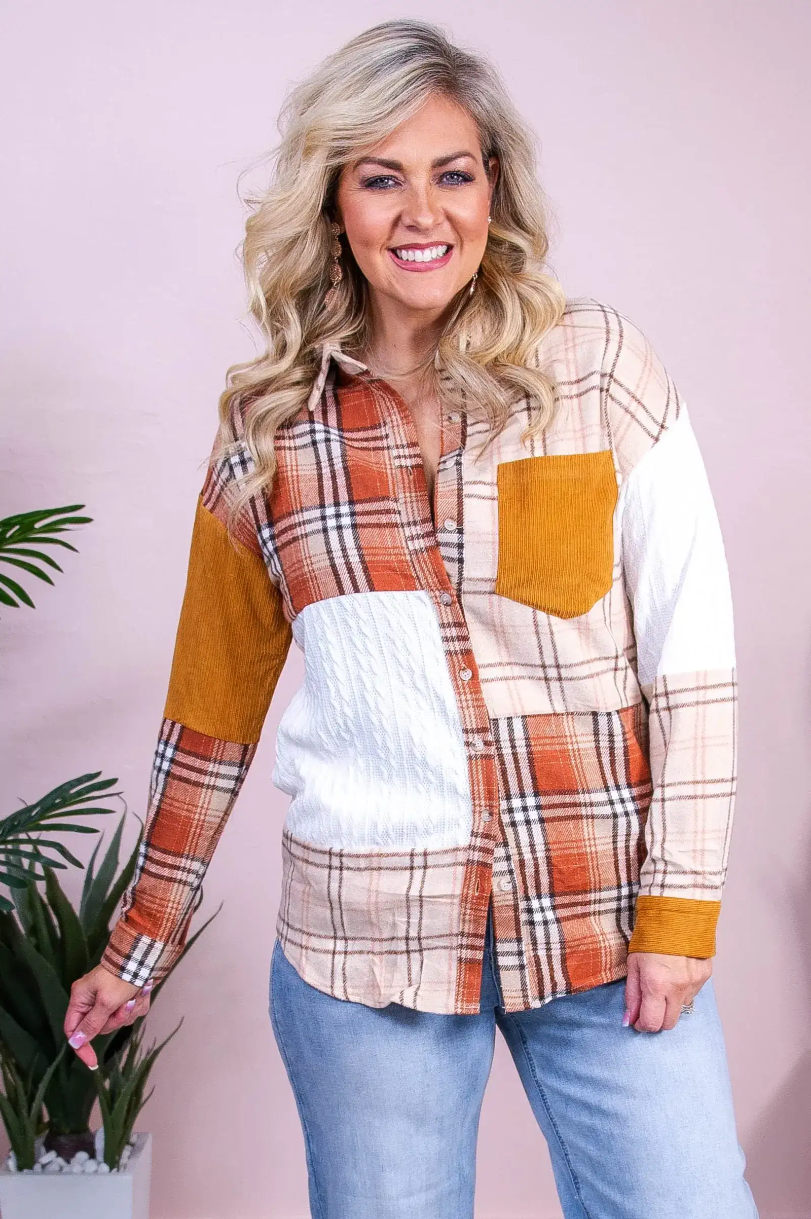 Image of Everything Changes Rust/Multi Color Plaid Patchwork Jacket - O5526RU