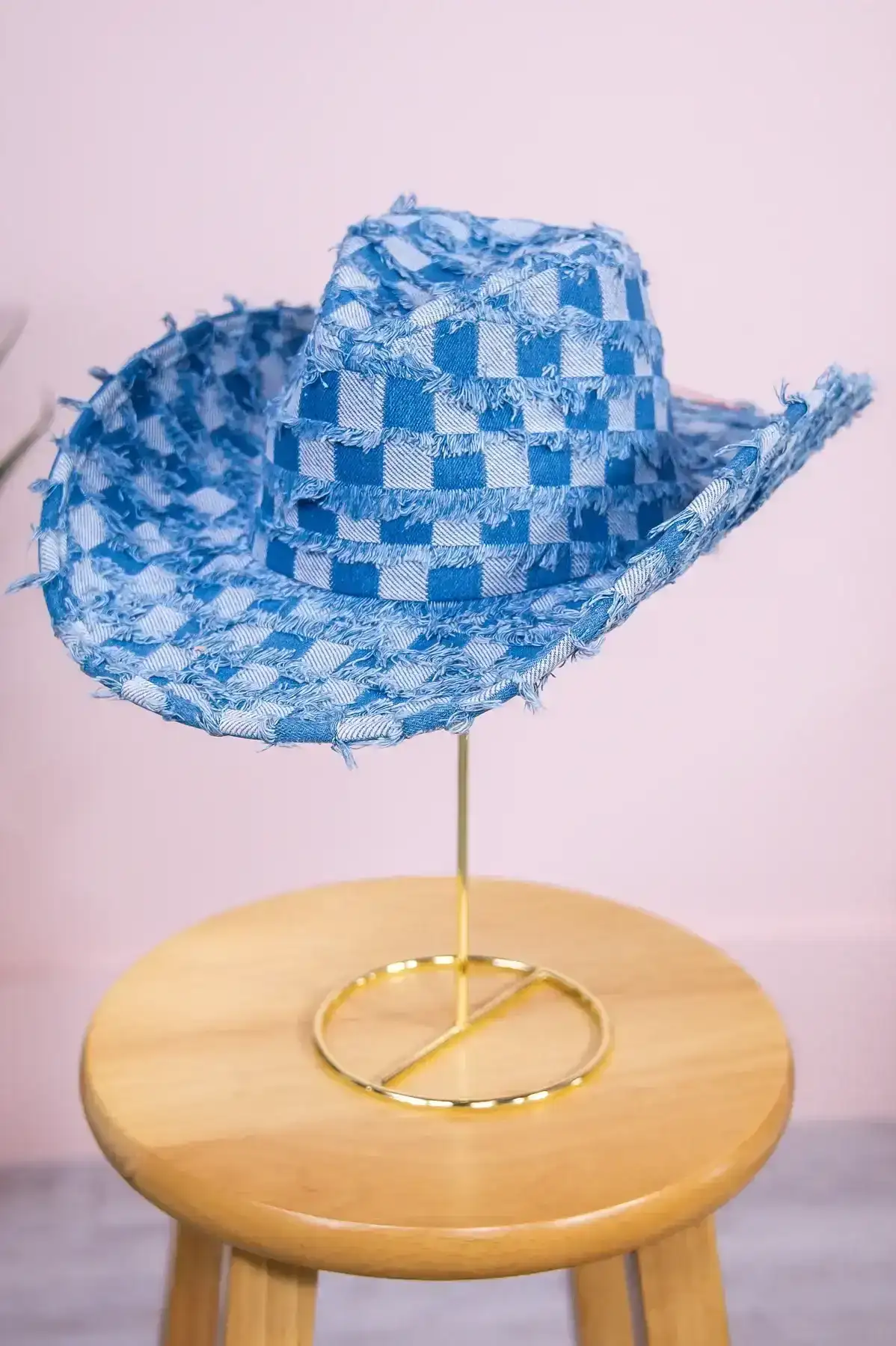 Image of Medium Denim/Light Denim Checkered Frayed Cowgirl Hat - HAT1501MDN