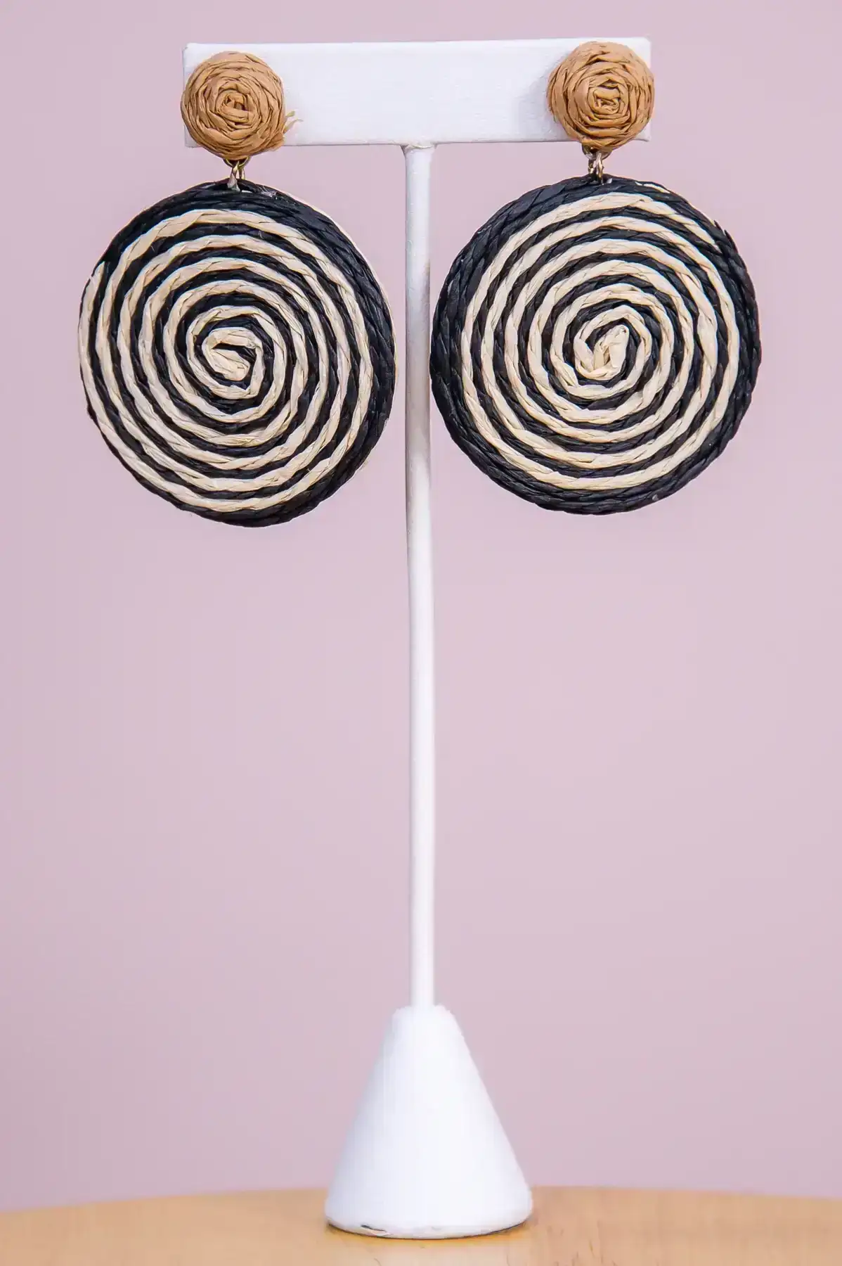 Image of Black/Khaki Round Swirl Raffia Earrings - EAR4320BK