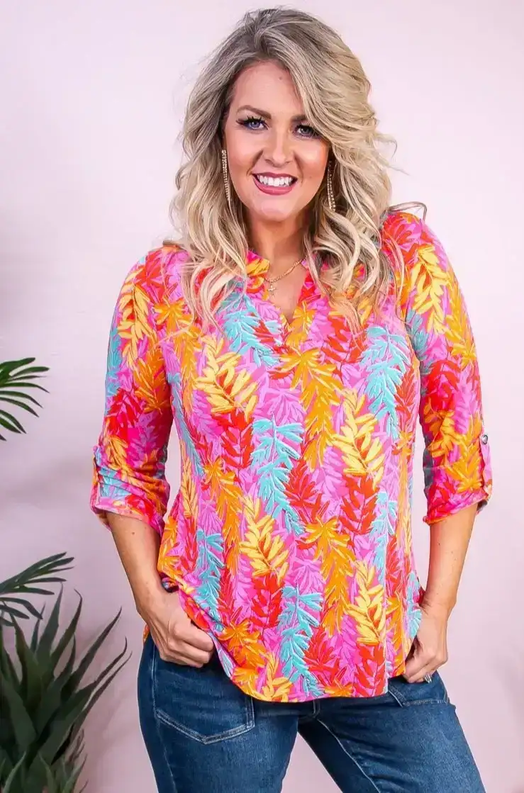 Image of Deeper Connection Pink/Yellow Floral Leaf Top - T9841PK