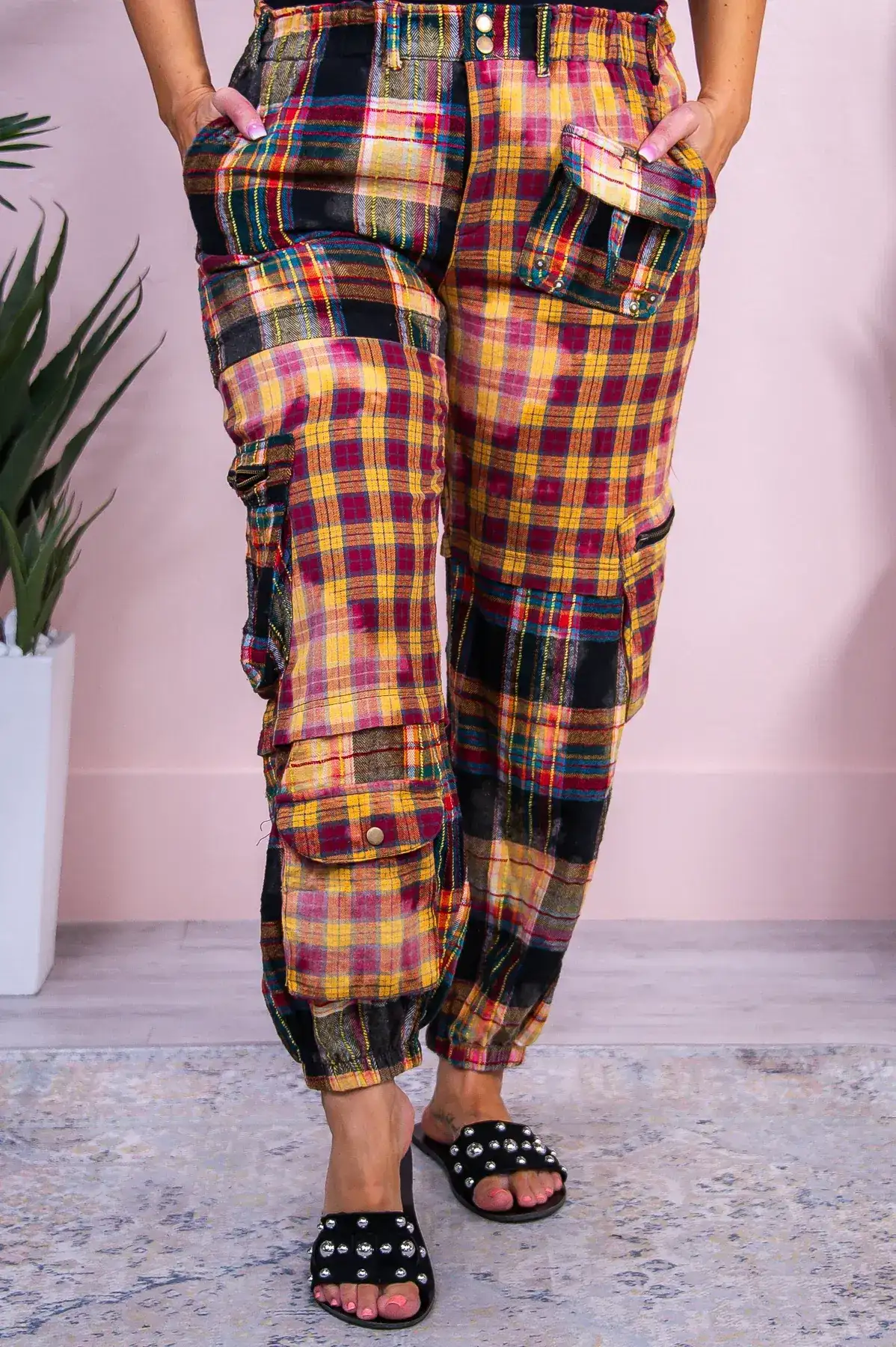 Image of Preppy & Poised Mustard/Multi Color Plaid Patchwork Joggers - PNT1667MU