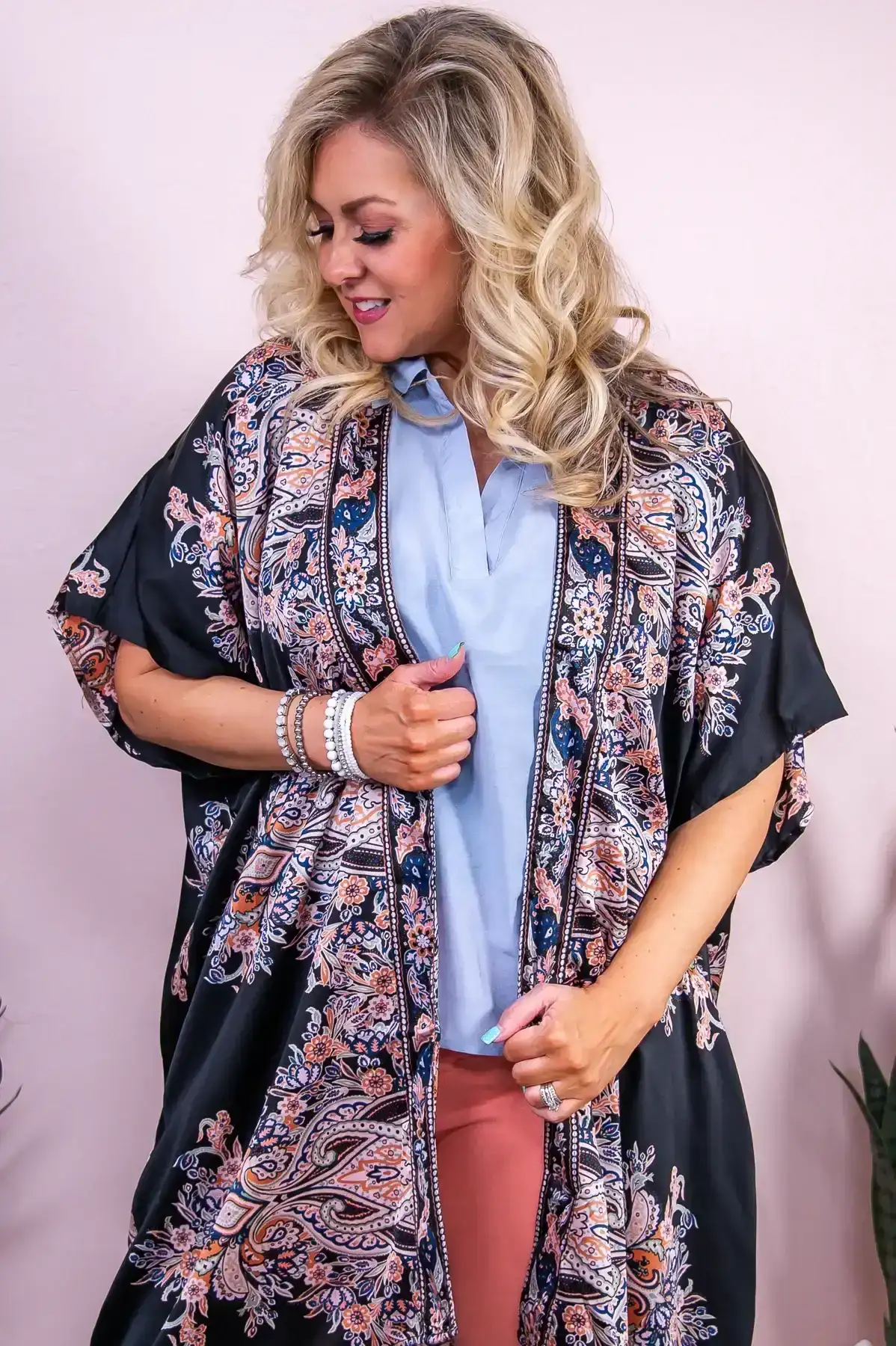 Image of Seaside Symphony Black/Multi Color Floral Kimono - O5436BK