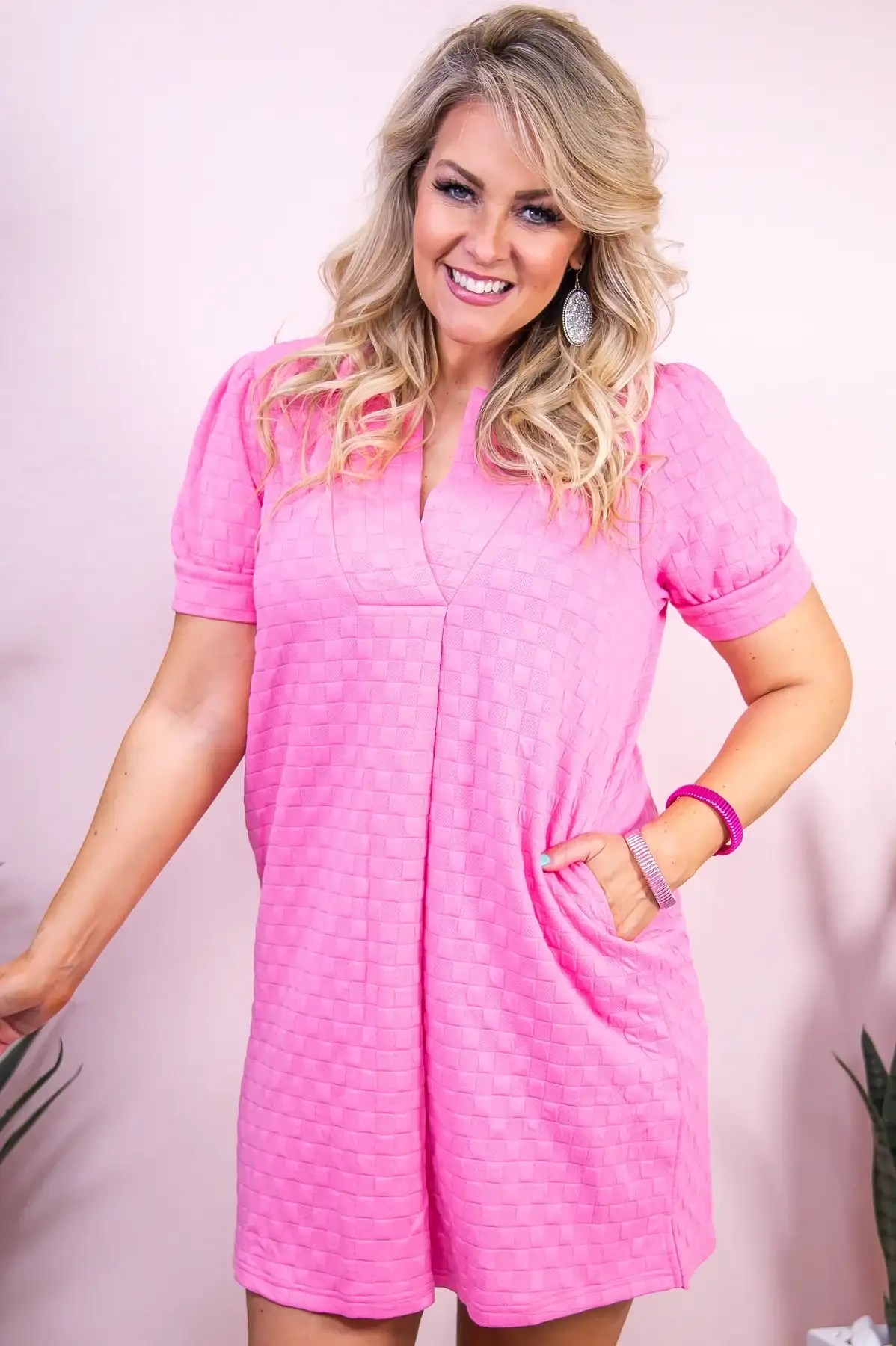 Image of Coastal Getaway Pink Solid Checkered Dress - D5276PK