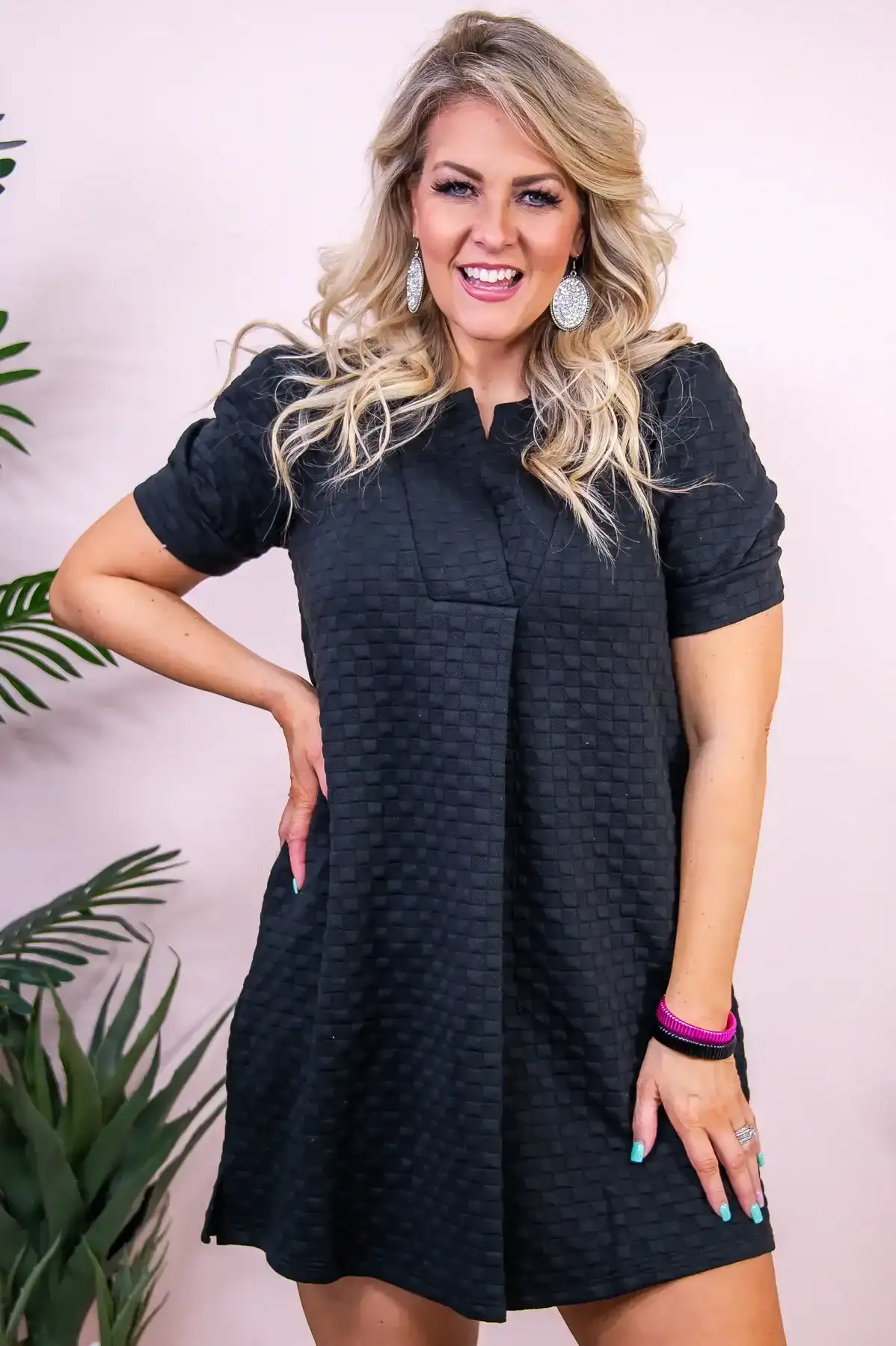 Image of Coastal Getaway Black Solid Checkered Dress - D5277BK