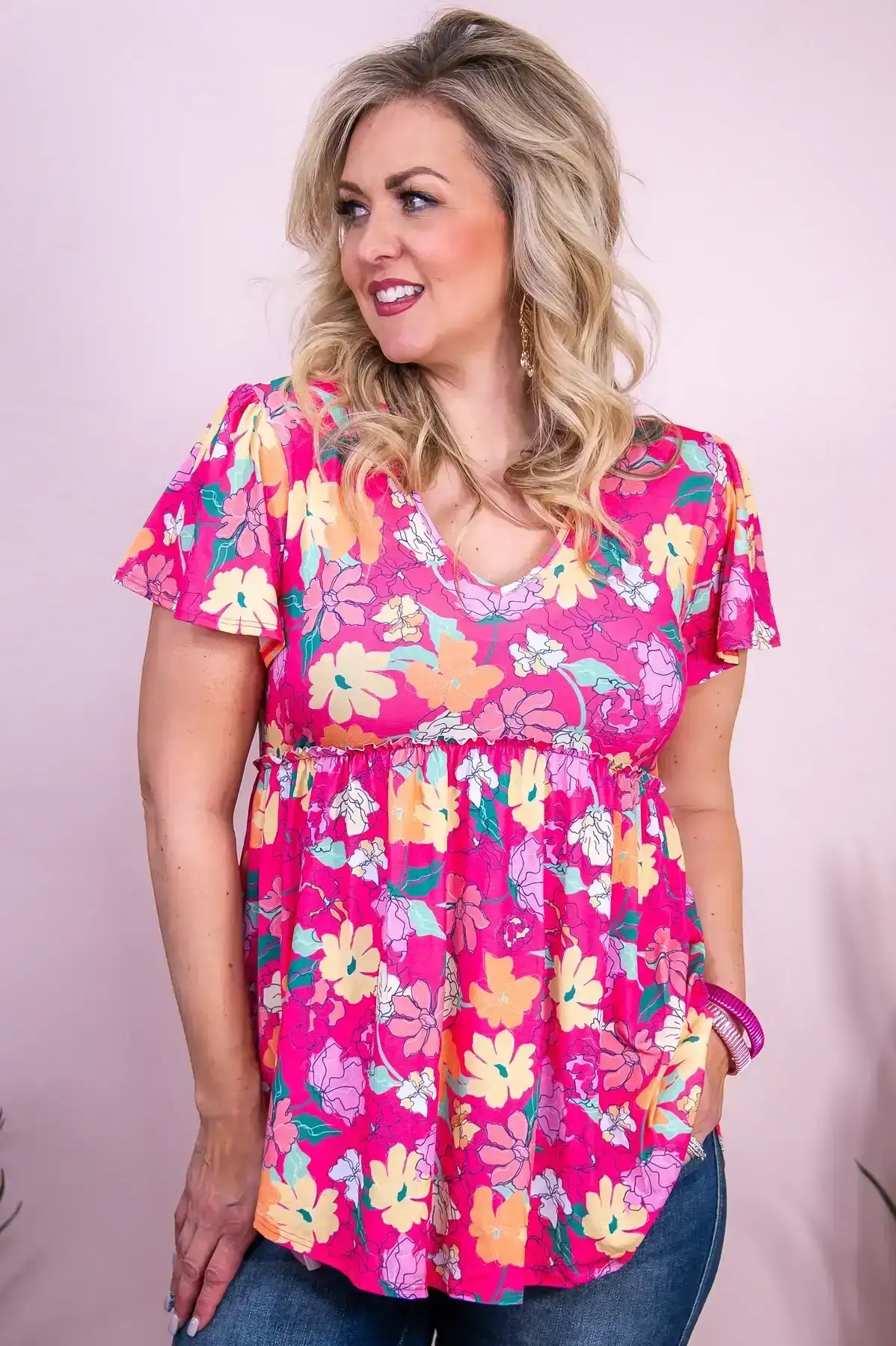 Image of I'm Always Adorable Fuchsia/Multi Color Floral Babydoll Top - T9755FU