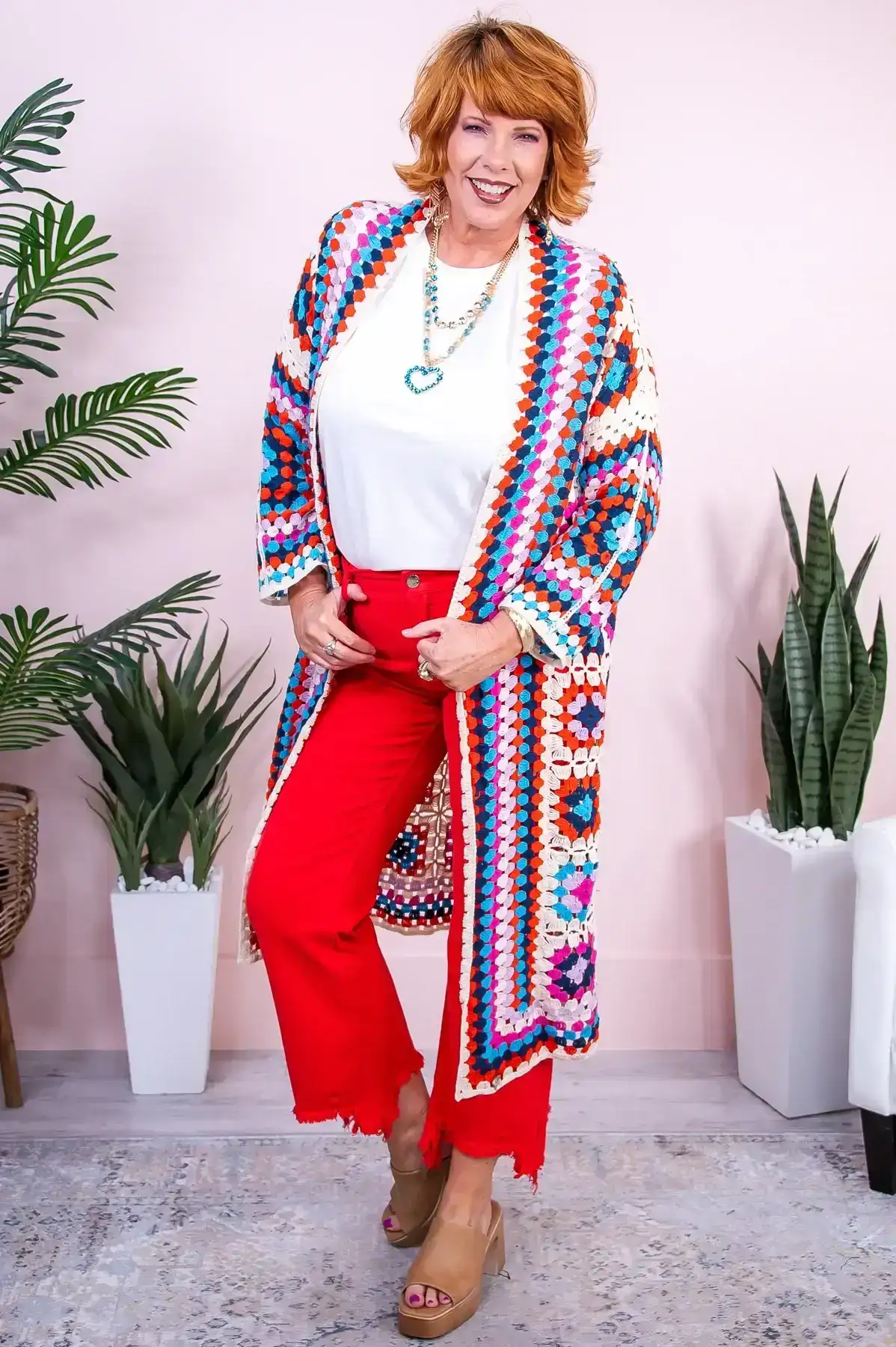 Image of The Final Touch White/Multi Color Crochet Kimono (One Size 4-18) - O5461MU