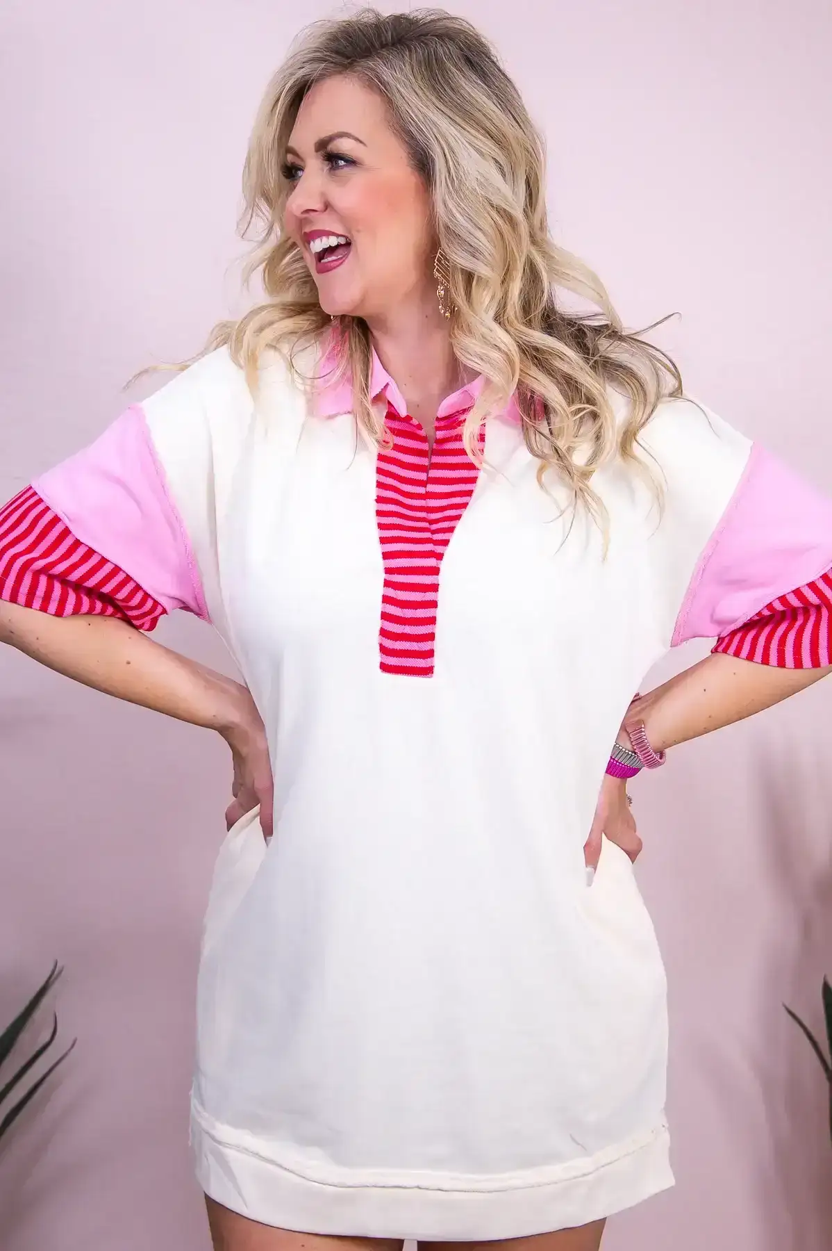 Image of Yacht Vibes & Good Times Pink/Cream Striped Dress - D5353PK