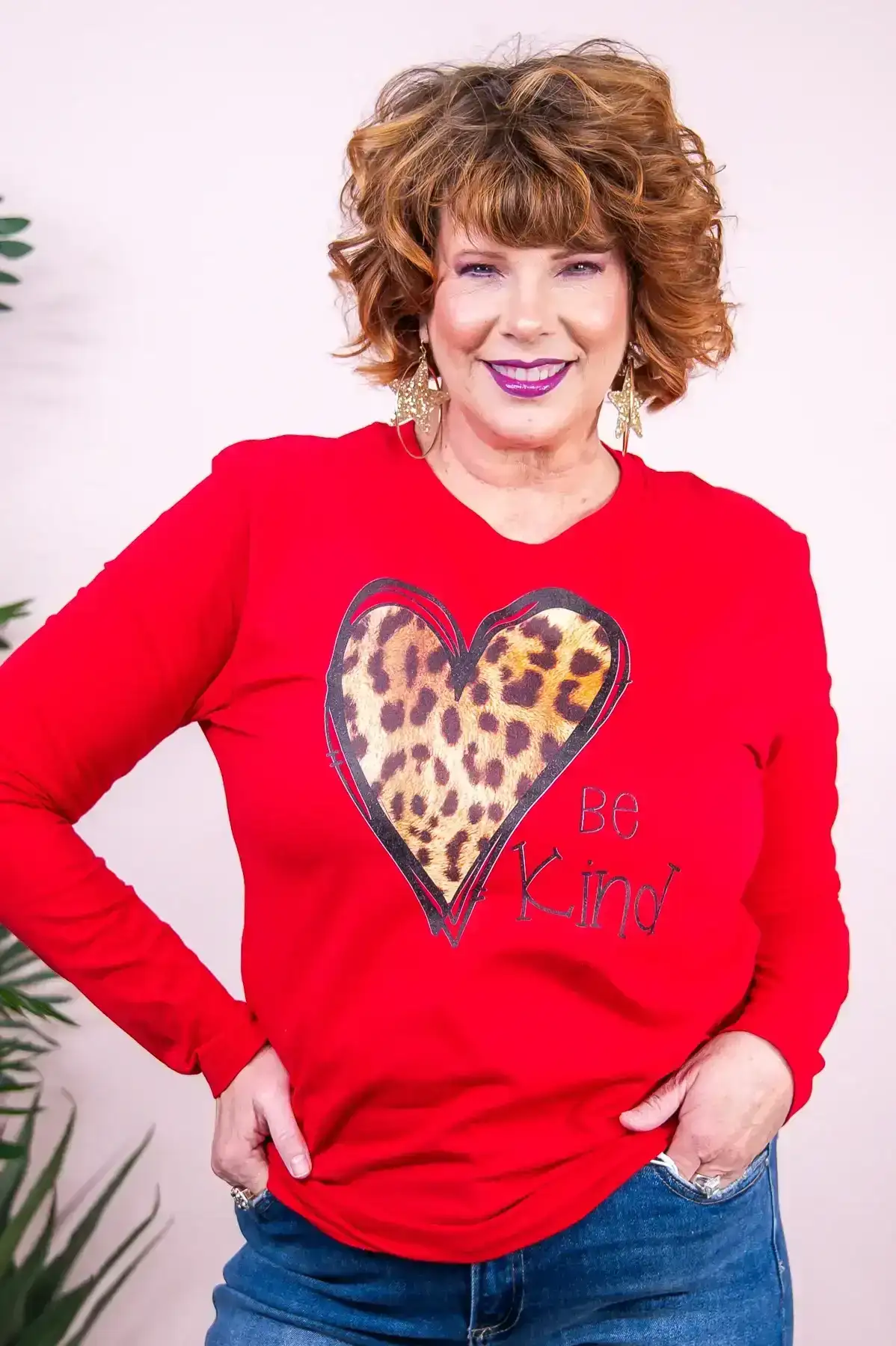 Image of Be Kind Red Printed Heart Long Sleeve Graphic Tee - A3138RD