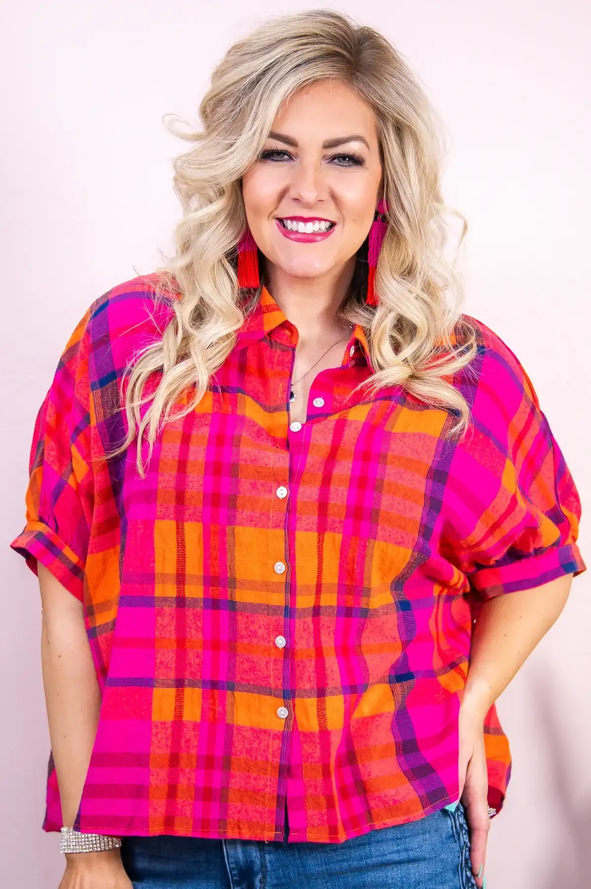 Image of Life Is What You Make It Fuchsia/Multi Color Plaid High-Low Top - T9448FU