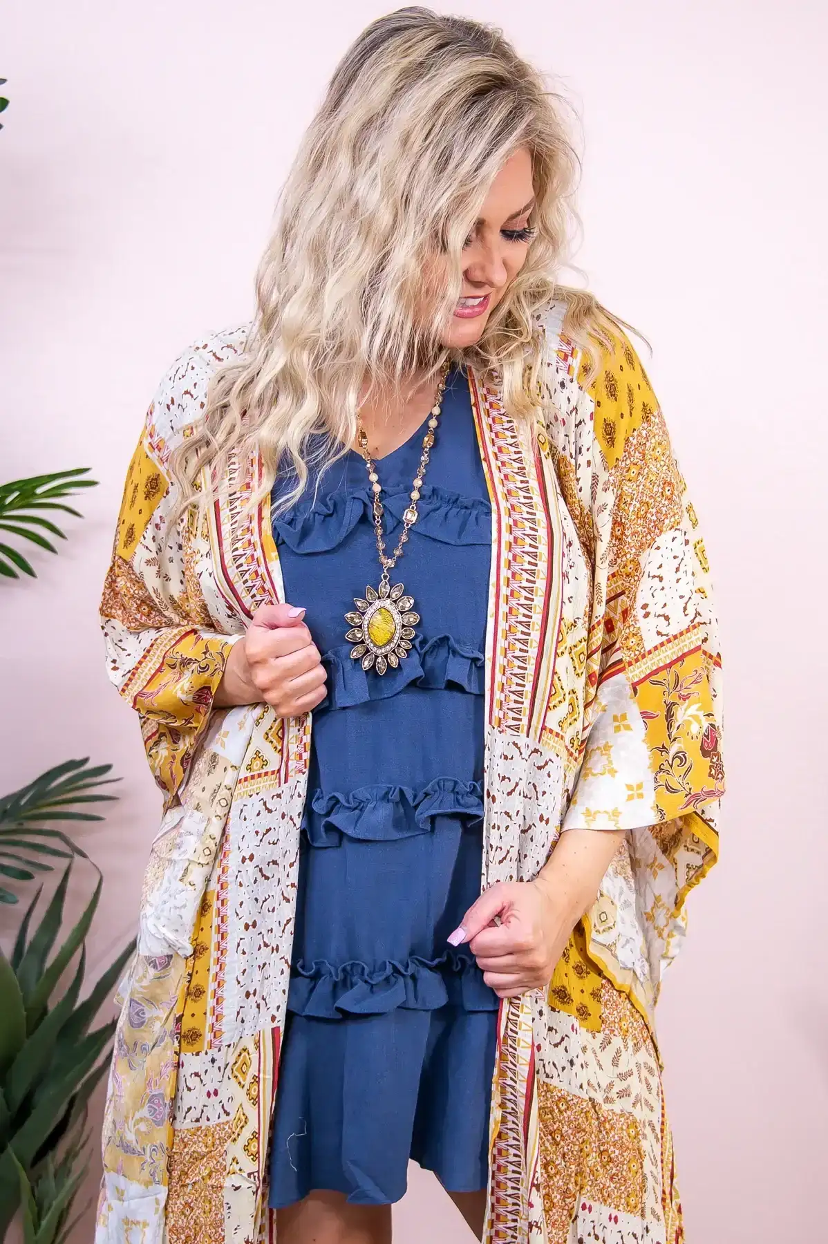 Image of Give Me All The Details Mustard/Multi Color/Pattern Asymmetrical Kimono - O5401MS